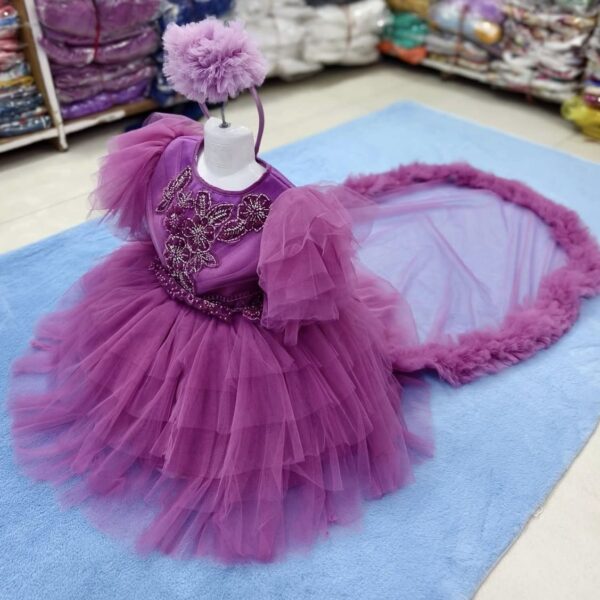 Elegant Purple Long Tail Birthday Baby Dress with Gorgeous Embroidery and Headband - Kiddleplace