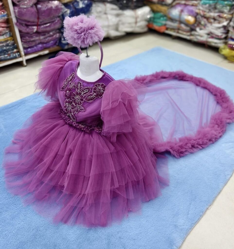 Elegant Purple Long Tail Birthday Baby Dress with Gorgeous Embroidery and Headband - Kiddleplace