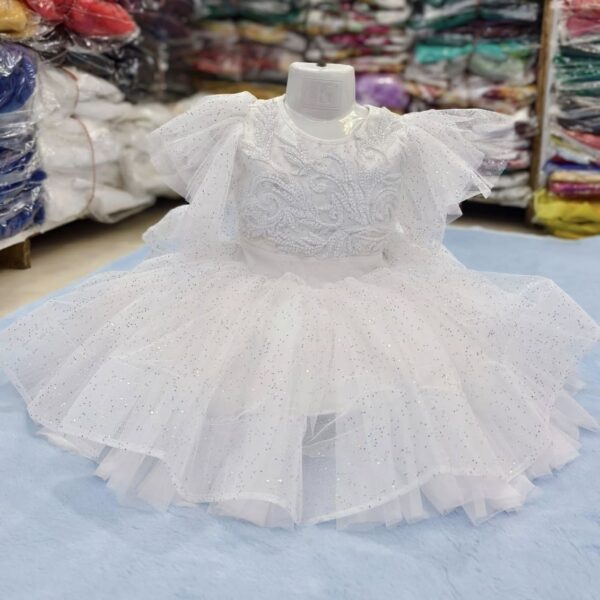 Premium Elegant White Glitter Tulle Birthday Baby Dress with Embroidery - Kiddleplace