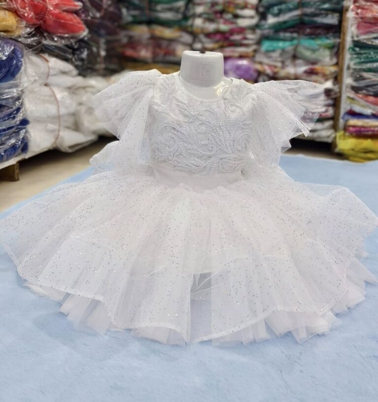 Premium Elegant White Glitter Tulle Birthday Baby Dress with Embroidery - Kiddleplace
