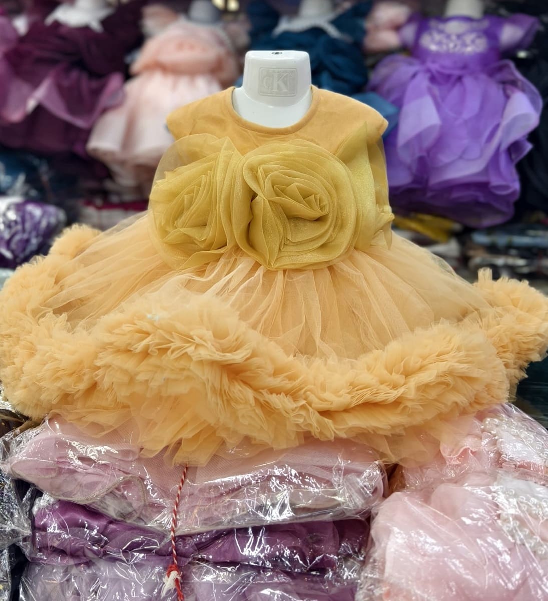 Premium Golden Yellow Birthday Baby Dress with Luxury Rose Design and Fluffy Tulle - Kiddleplace BD