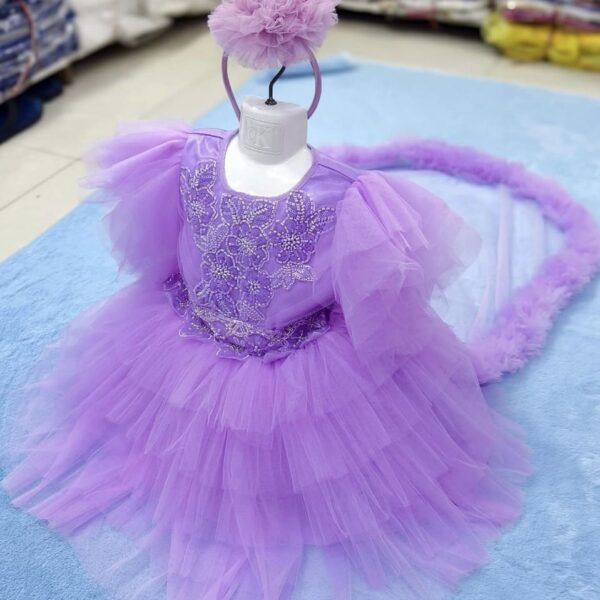 Premium Lavender Long Tail Birthday Baby Dress with Gorgeous Embroidery and Headband - Kiddleplace