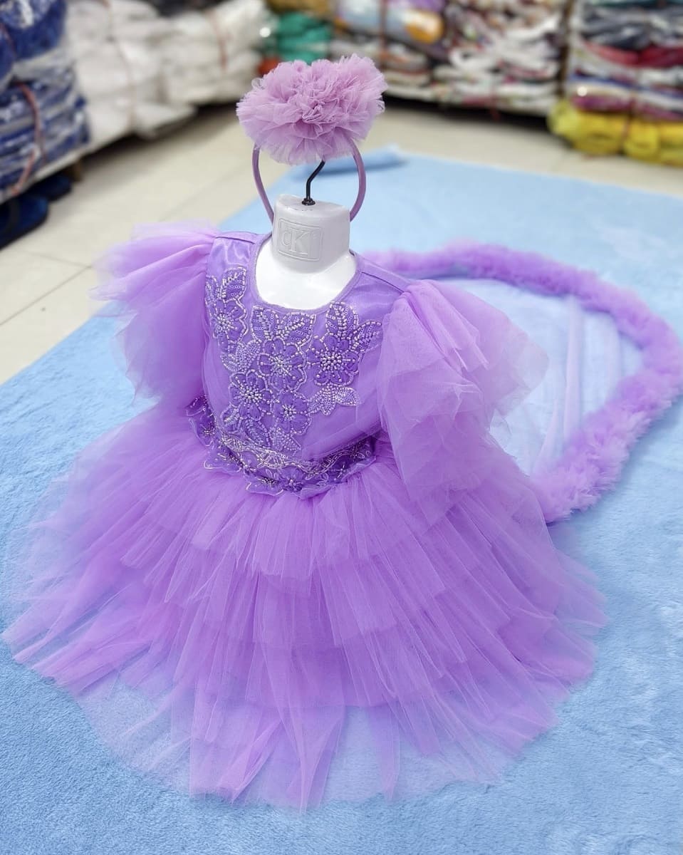 Premium Lavender Long Tail Birthday Baby Dress with Gorgeous Embroidery and Headband - Kiddleplace