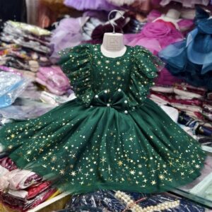 Premium Green Birthday Baby Dress with Golden Star Print and Pearl Bow - Kiddleplace