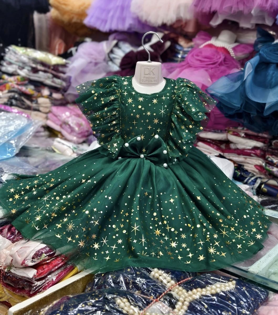 Premium Green Birthday Baby Dress with Golden Star Print and Pearl Bow - Kiddleplace