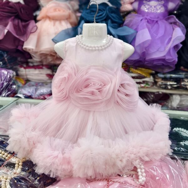 Premium Light Pink Birthday Baby Dress with Rose Design and Pearl Necklace - Kiddleplace BD