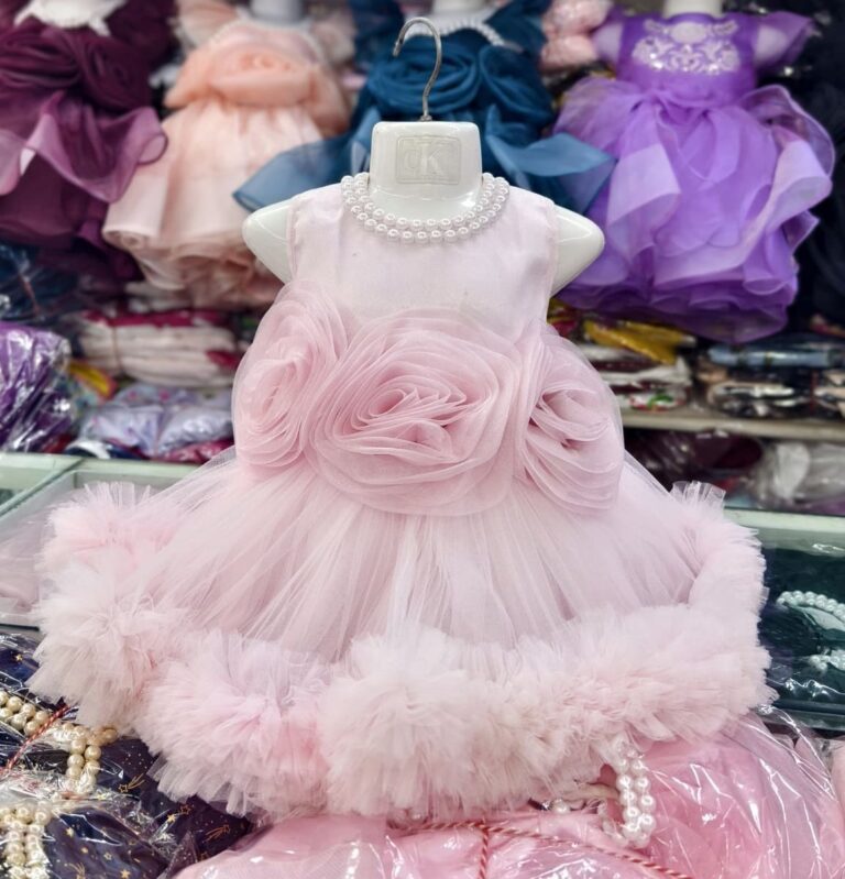 Premium Light Pink Birthday Baby Dress with Rose Design and Pearl Necklace - Kiddleplace BD