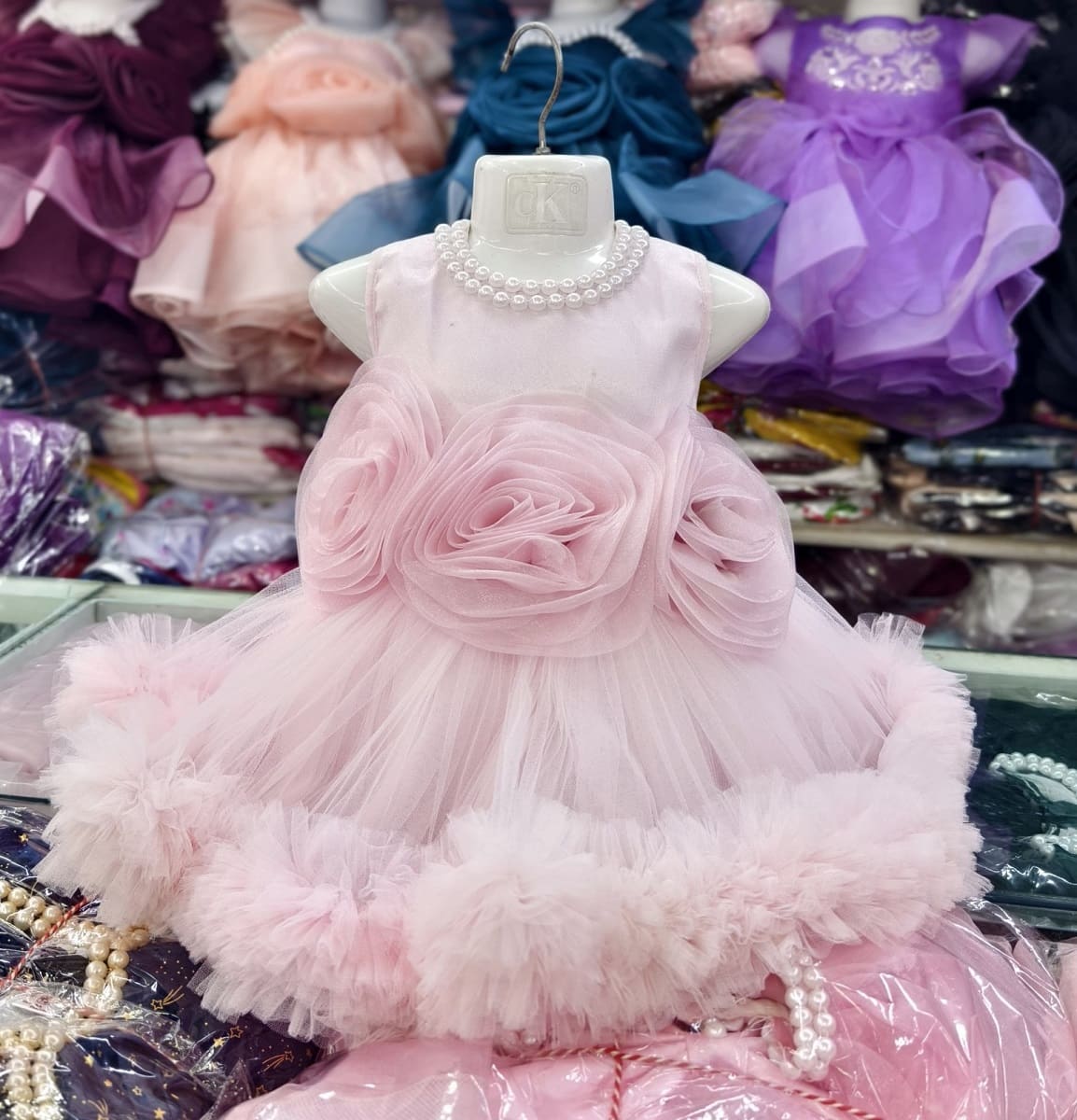 Premium Light Pink Birthday Baby Dress with Rose Design and Pearl Necklace - Kiddleplace BD