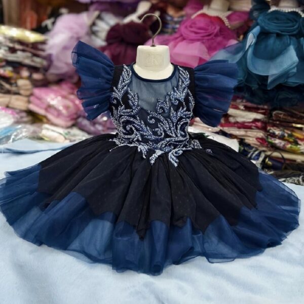 Premium Navy Blue Birthday Baby Dress with Intricate Beaded Embroidery and Ruffle Sleeves - Kiddleplace