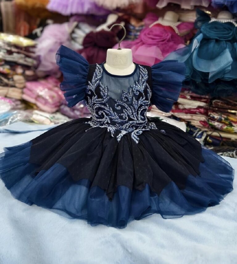 Premium Navy Blue Birthday Baby Dress with Intricate Beaded Embroidery and Ruffle Sleeves - Kiddleplace