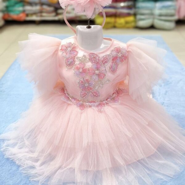 Premium Pink Birthday Baby Dress with Floral Embroidery and Matching Headband - Kiddleplace