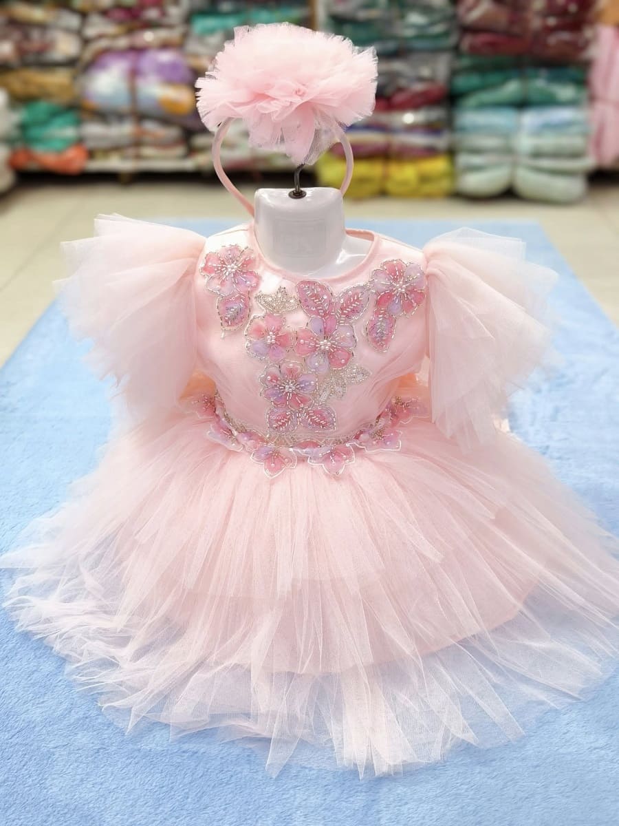 Premium Pink Birthday Baby Dress with Floral Embroidery and Matching Headband - Kiddleplace