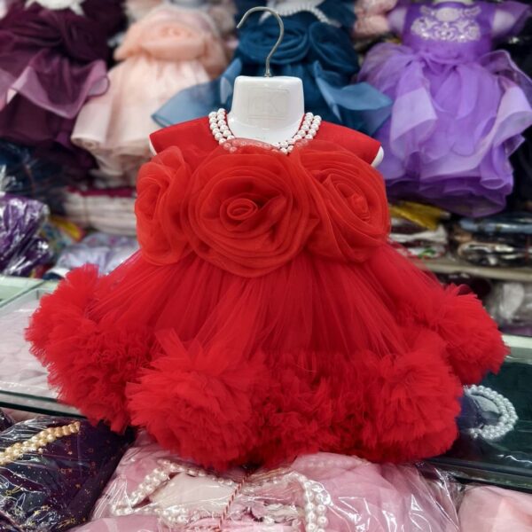 Premium Red Birthday Baby Dress with Luxury Rose Design and Pearl Necklace - Kiddleplace BD