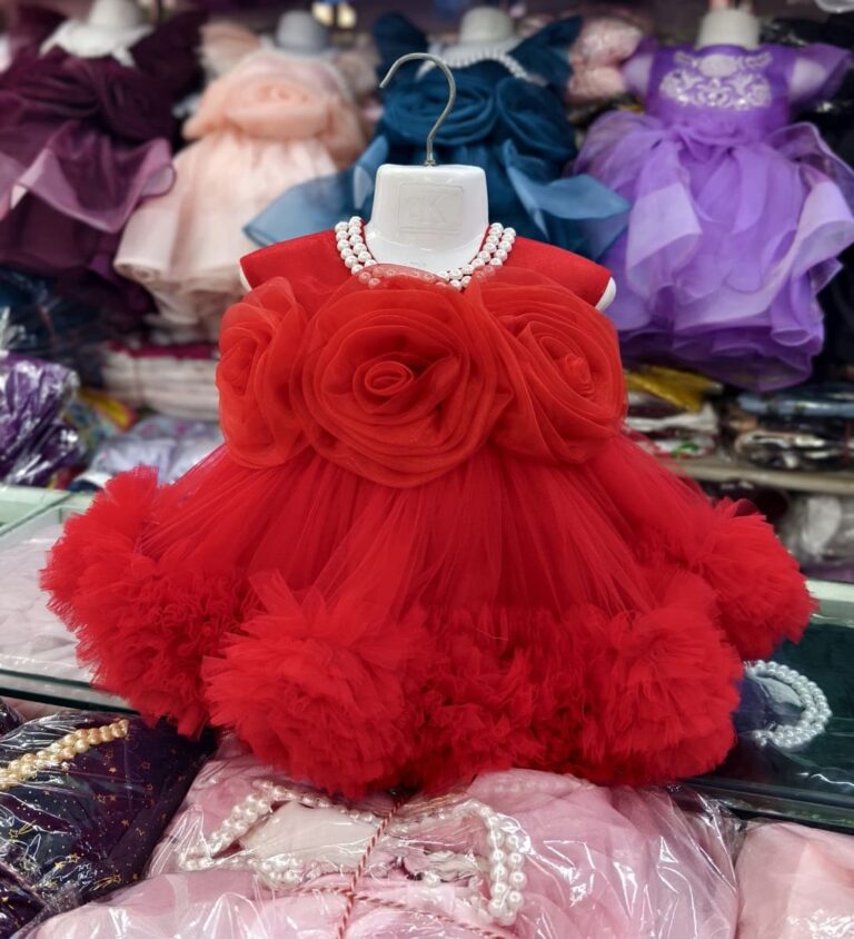 Premium Red Birthday Baby Dress with Luxury Rose Design and Pearl Necklace - Kiddleplace BD