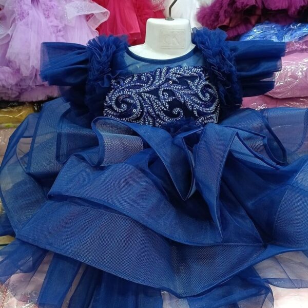 Luxury Royal Blue Birthday Baby Dress with Intricate Beaded Embroidery and Fluffy Tulle - Kiddleplace