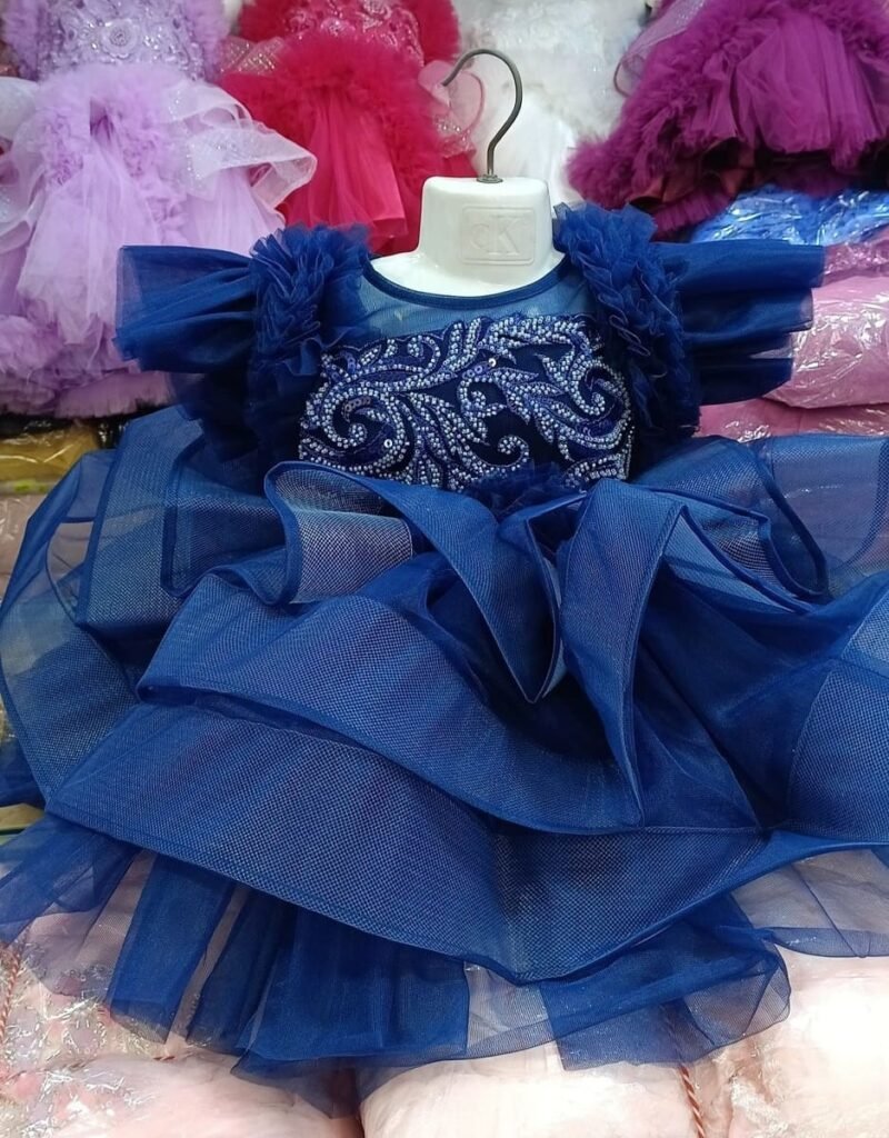 Luxury Royal Blue Birthday Baby Dress with Intricate Beaded Embroidery and Fluffy Tulle - Kiddleplace