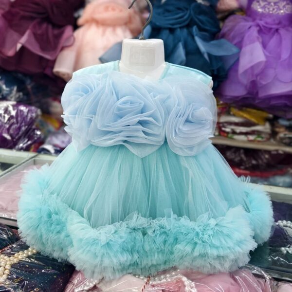 Premium Sky Blue Birthday Baby Dress with Elegant Rose Design and Ruffle Tulle - Kiddleplace BD