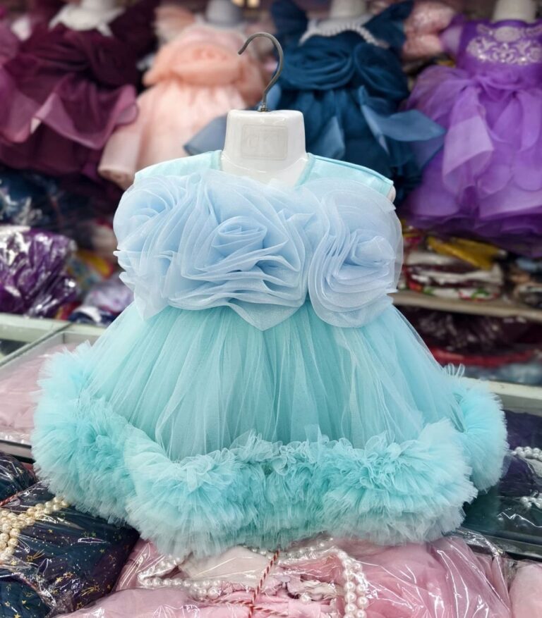 Premium Sky Blue Birthday Baby Dress with Elegant Rose Design and Ruffle Tulle - Kiddleplace BD