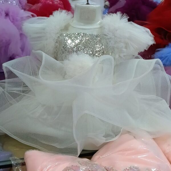 Premium White Birthday Baby Dress with Silver Sequin Bodice and Fluffy Tulle - Kiddleplace BD