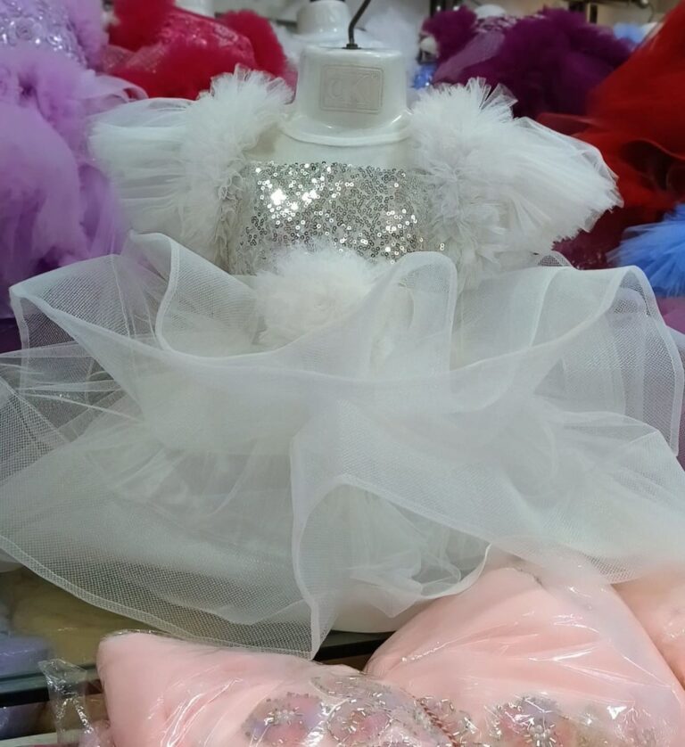 Premium White Birthday Baby Dress with Silver Sequin Bodice and Fluffy Tulle - Kiddleplace BD