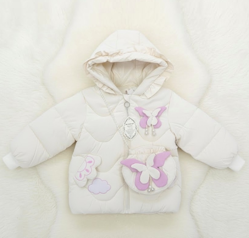 Girls' Cream Butterfly Puffer Jacket
