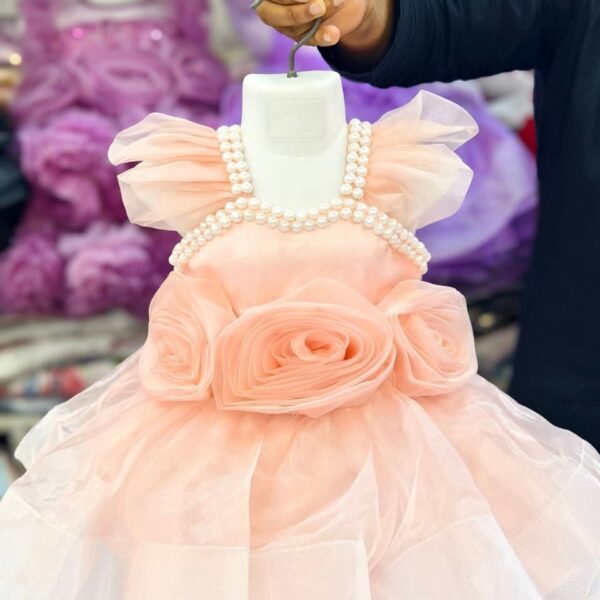 Premium Peach Birthday Baby Dress with Pearl Neck and Luxury Rose Design - Kiddleplace