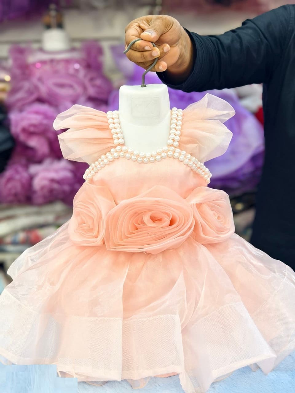 Premium Peach Birthday Baby Dress with Pearl Neck and Luxury Rose Design - Kiddleplace