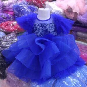 Electric Blue Baby Dress with Floral Embroidery and Layered Tulle Party Wear - Kiddleplace