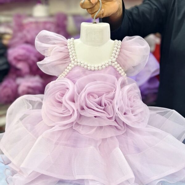 Premium Lavender Baby Dress with Pearl Neck and Elegant Rose Petals - Kiddleplace
