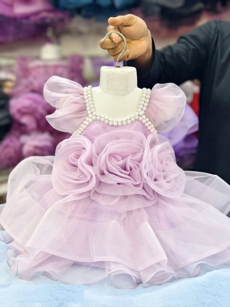 Premium Lavender Baby Dress with Pearl Neck and Elegant Rose Petals - Kiddleplace