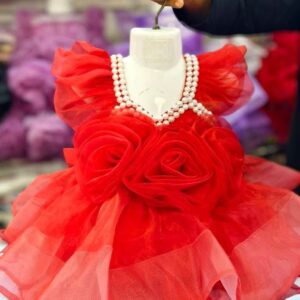 Happy Princess Red Baby Dress with Pearl Neck and Rose Petals - Kiddleplace