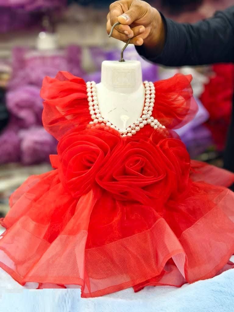 Happy Princess Red Baby Dress with Pearl Neck and Rose Petals - Kiddleplace