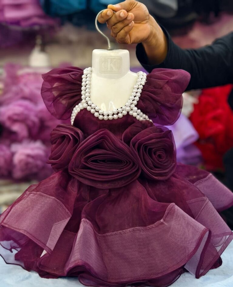 Premium Maroon Baby Dress with Pearl Neck and Rose Accents for Party - Kiddleplace