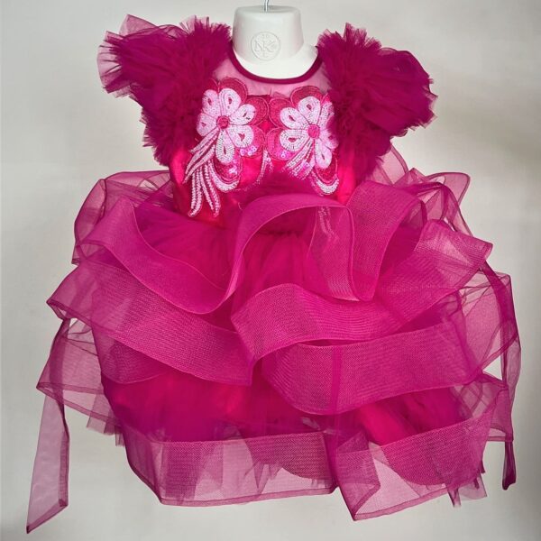 Premium Party Glow Magenta Baby Dress with Floral Embroidery - Kiddleplace