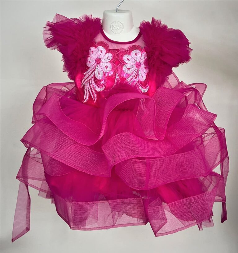 Premium Party Glow Magenta Baby Dress with Floral Embroidery - Kiddleplace