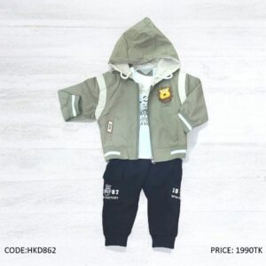 Baby Boy Stylish Hooded Jacket & Cargo Pant 3 Pcs Set