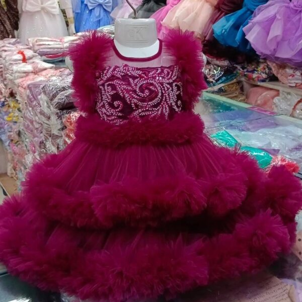 Premium Deep Maroon Baby Dress Party Gown with Intricate Embroidery and Triple Layered Frill Net - HKD898 - Kiddleplace