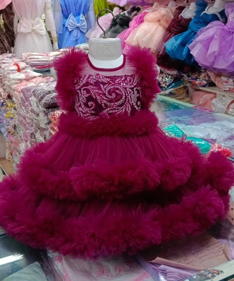 Premium Deep Maroon Baby Dress Party Gown with Intricate Embroidery and Triple Layered Frill Net - HKD898 - Kiddleplace