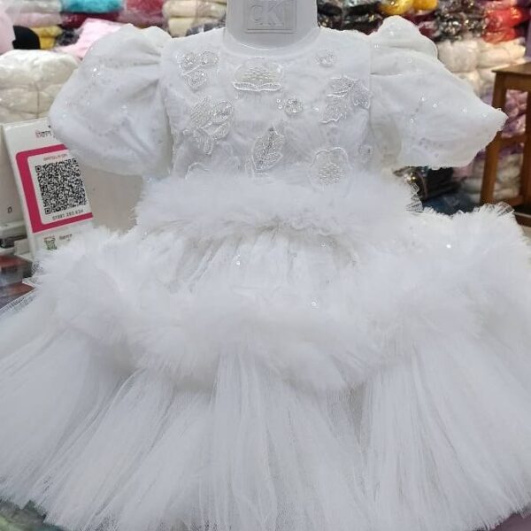 Premium White Shimmery Baby Dress Ball Gown with floral sequin embroidery, puffed sleeves, and tiered voluminous net ruffles - HKD916 - Kiddleplace