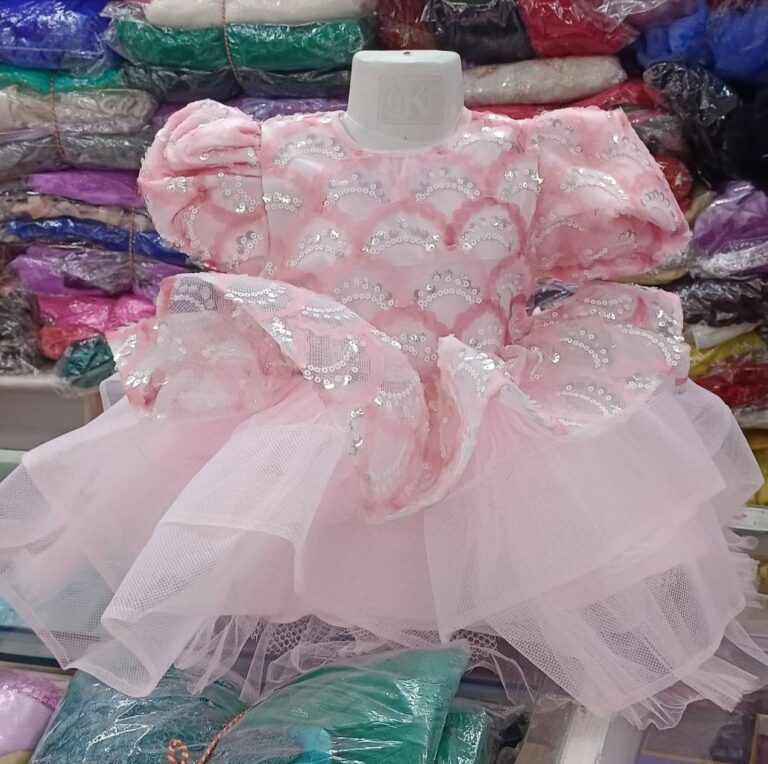 Premium Baby Pink Shimmery Ball Gown for girls with all-over floral sequin embroidery, puffed sleeves, and layered voluminous net ruffles - HKD922 - Kiddleplace