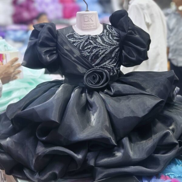 Premium Black Baby Ball Gown with silver-toned embroidery, puffed ruffle sleeves, and a 3D rose waistline - HKD910 - Kiddleplace