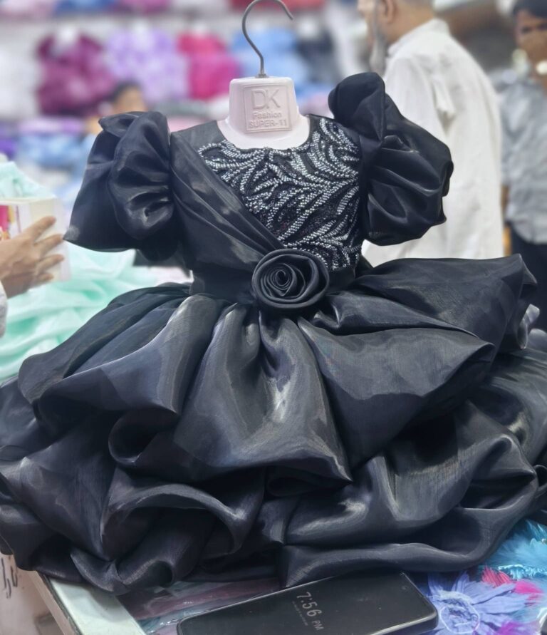 Premium Black Baby Ball Gown with silver-toned embroidery, puffed ruffle sleeves, and a 3D rose waistline - HKD910 - Kiddleplace