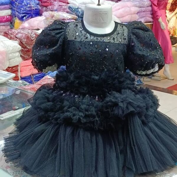 Premium Black Shimmery Baby Ball Gown with all-over sequin embroidery, puffed sleeves, and tiered fluffy net ruffles - HKD914 - Kiddleplace baby dress
