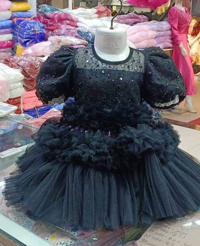 Premium Black Shimmery Baby Ball Gown with all-over sequin embroidery, puffed sleeves, and tiered fluffy net ruffles - HKD914 - Kiddleplace baby dress