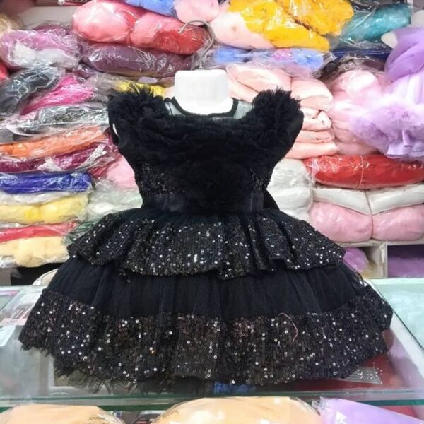Premium Black Shimmery Baby Dress Ball Gown with silver sequined tiered ruffles, off-the-shoulder fluffy net design, and floral waist accent - HKD925 - Kiddleplace