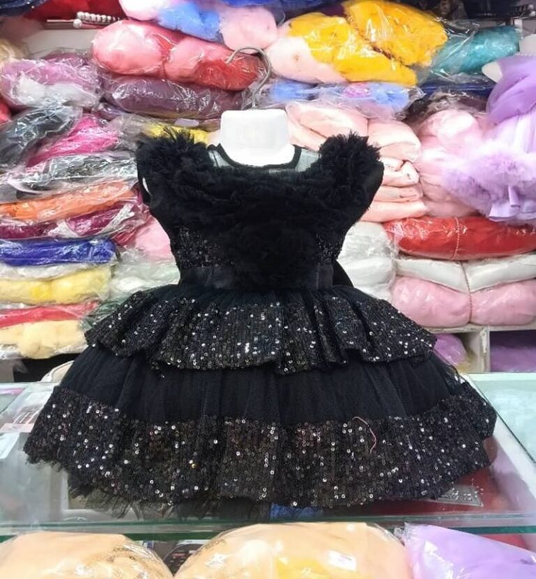 Premium Black Shimmery Baby Dress Ball Gown with silver sequined tiered ruffles, off-the-shoulder fluffy net design, and floral waist accent - HKD925 - Kiddleplace