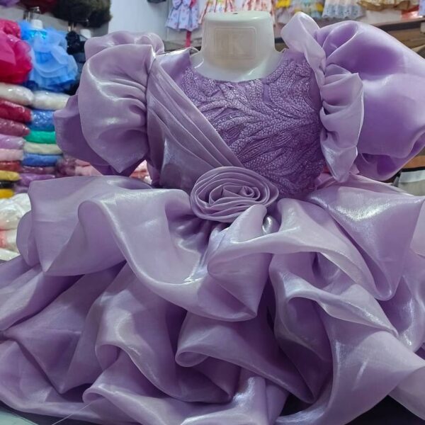 Premium Lavender Baby Ball Gown with intricate embroidery, puffed ruffle sleeves, and a 3D rose waistline - HKD911 - Kiddleplace