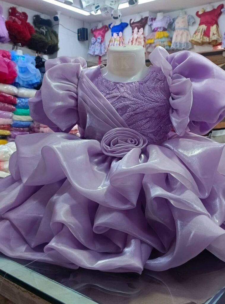 Premium Lavender Baby Ball Gown with intricate embroidery, puffed ruffle sleeves, and a 3D rose waistline - HKD911 - Kiddleplace