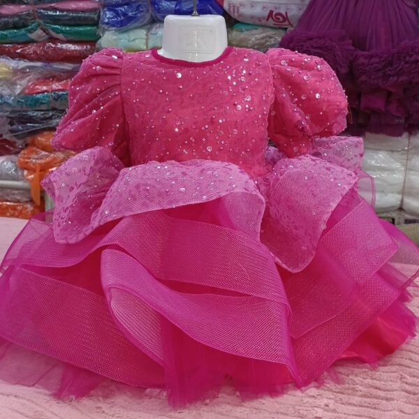 Premium Magenta Shimmery Baby Dress Ball Gown with all-over sequin embroidery, puffed sleeves, and tiered fluffy net ruffles - HKD934 - Kiddleplace
