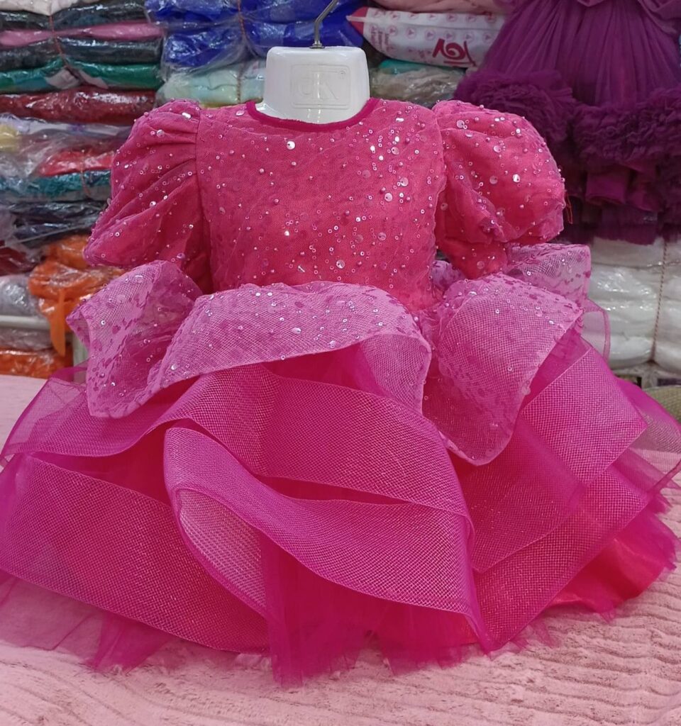Premium Magenta Shimmery Baby Dress Ball Gown with all-over sequin embroidery, puffed sleeves, and tiered fluffy net ruffles - HKD934 - Kiddleplace
